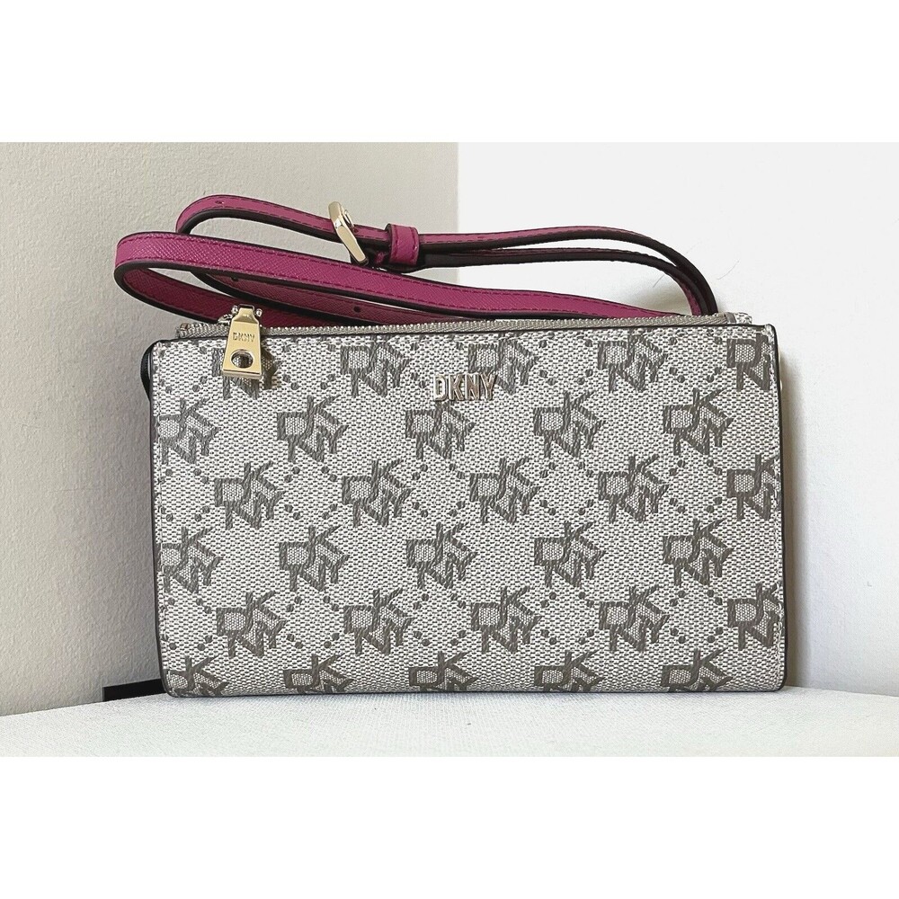 New DKNY Boxed Bryant Logo Crossbody Khaki / Neon Pink